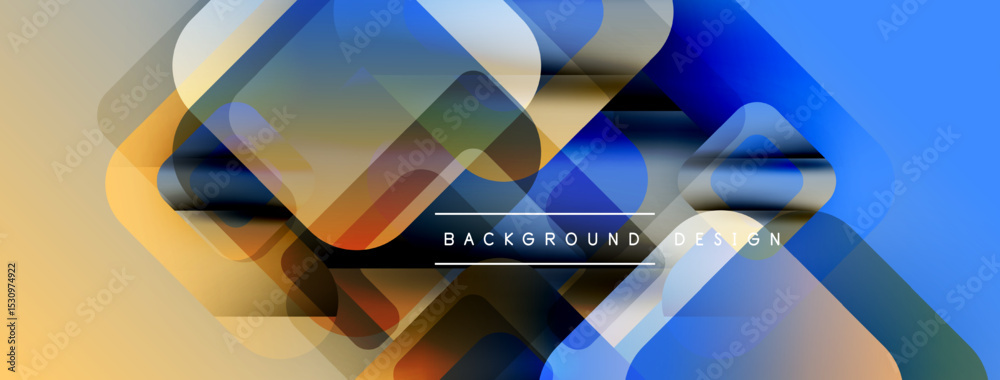 Poster abstract geometric shapes overlap. blue, orange hues dominate design. modern aesthetic, clean lines 