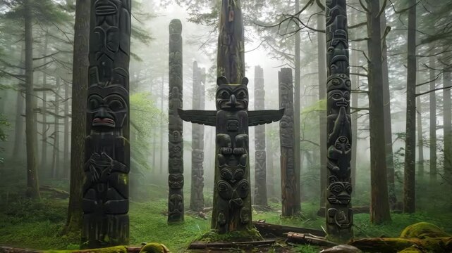 Misty forest setting with carved totem poles amidst lush greenery.