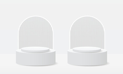 Elegant Minimalist White Podium Scene with Arched Backdrops. Perfect for Luxury Product Display , Modern Branding. 3D white podium White background with light and shadow. Luxury Fashion Stage Mockup.