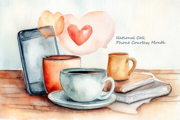 National Cell Phone Courtesy Month. Watercolor illustration of coffee cups and smartphone celebrating National Cell Phone Courtesy Month with warm colors and cozy ambiance