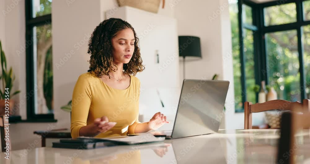 Aufkleber documents, remote work and woman on laptop in home for website review, seo research and analytics. f