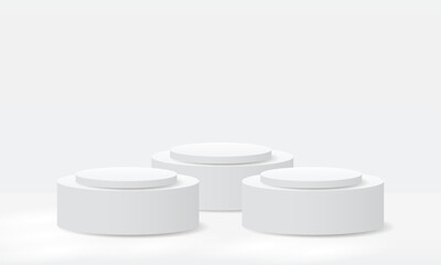 Elegant Minimalist White Podium Scene with Arched Backdrops. Perfect for Luxury Product Display , Modern Branding. 3D white podium White background with light and shadow. Luxury Fashion Stage Mockup.