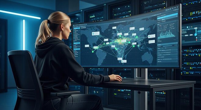 A female cybersecurity expert monitors global network activity on a large curved monitor within a server room.