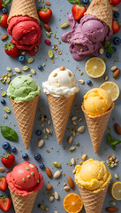 Colorful Assorted Ice Cream Cones with Fruits and Nuts &ndash; Top View Gourmet Summer Treats


