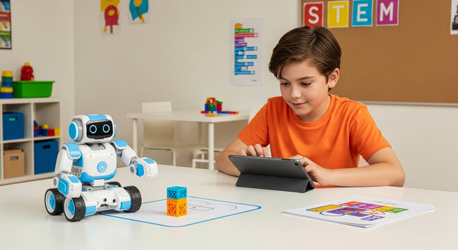 A young boy uses a tablet to interact with a robot on a white table, surrounded by educational materials in a classroom setting. - Powered by Adobe