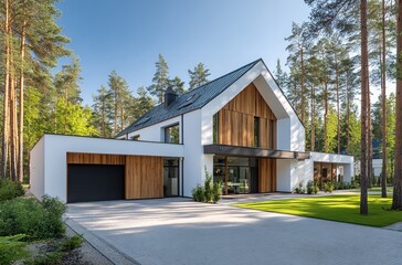 Obraz premium Modern house architecture design in forest luxury home exterior real estate property and landscaping