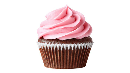 Isolated chocolate cupcake on transparent background with pink frosting swirl on top