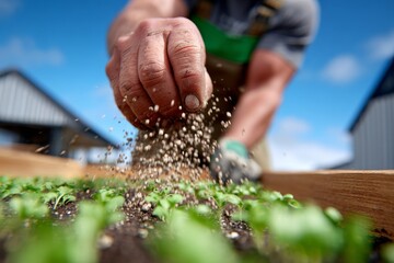 A gardener exhibits their dedication to organic gardening by carefully fertilizing the soil around a plant sprout in a thriving garden, using selective focus to emphasize their meticulous approach to