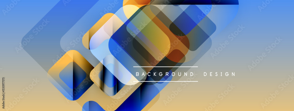 Poster Abstract geometric shapes overlap, creating vibrant gradient effect. Blue, gold hues dominate composition. Modern design element.