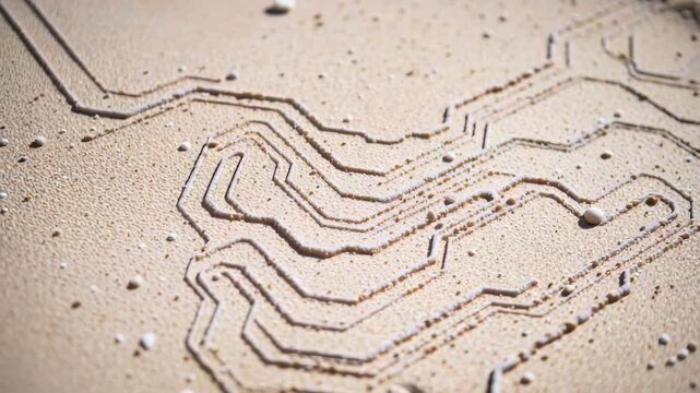 Circuit pattern etched in sand texture background.