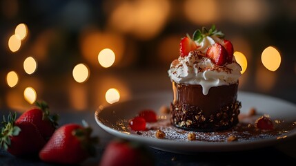 Indulge in a dessert-inspired setup of chocolate overnight oats topped with whipped cream and strawberries, beautifully presented.