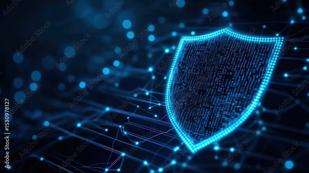 Poster a digital shield symbolizing cybersecurity, glowing in blue with a network of connected data points 