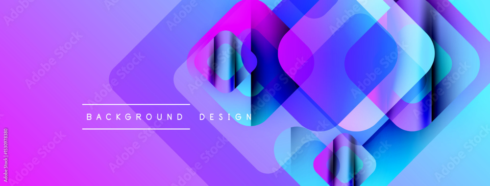 Poster Abstract geometric shapes overlap, creating vibrant purple, blue gradients. Text reads background design below layered squares. Modern, dynamic visual.
