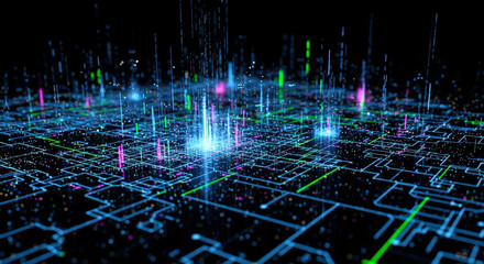 Abstract digital landscape with glowing lines and light pillars, creating a futuristic and technological atmosphere.