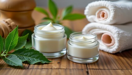 Facial cream jar on wooden table close up focus beauty care product placed beside towel and natural leaves blurred background warm bright color tone.