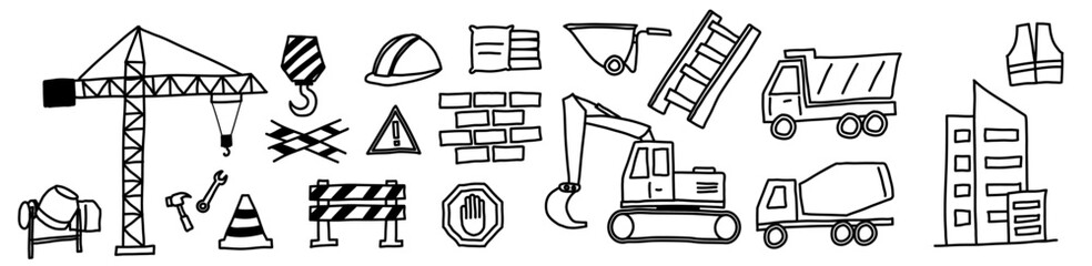 hand drawing construction engineer doodle icon bundle, crane excavator, warning safety first civil work