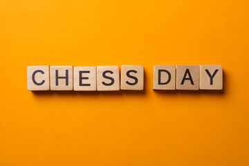 Obraz premium Chess Day message on wooden blocks, orange background