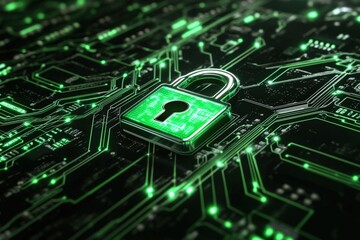 Fototapeta premium Green padlock icon on a circuit board.