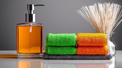 Amber Soap Dispenser and Colorful Towels with Wheat Stalks