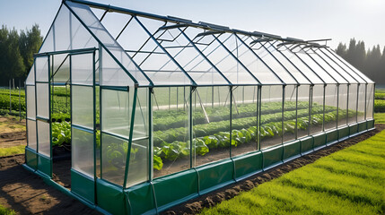 Morning view of a rural greenhouse made of plastic surrounding and metal frame. Modern way to make vegetables.