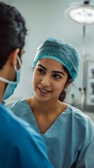 Obraz premium A Pacific Islander female surgeon consults with a Hispanic male patient pre-operation, ensuring clear communication with interpreters.