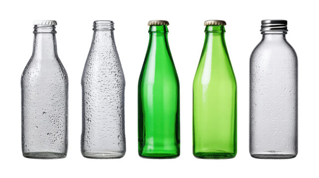 Row of glass and plastic bottles with condensation transparency background, standing side by