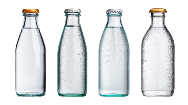 Set of four glass bottles with different caps, standing side by side transparent background