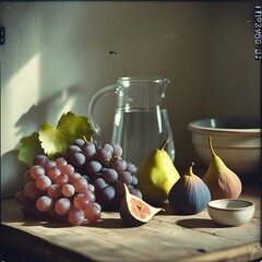 A studio-style still life photograph featuring a rustic wooden table with neatly arranged fresh grapes, figs, and pears next to a glass pitcher of water and ceramic bowl. 