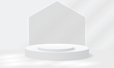 Elegant Minimalist White Podium Scene with Arched Backdrops. Perfect for Luxury Product Display , Modern Branding. 3D white podium White background with light and shadow. Luxury Fashion Stage Mockup.