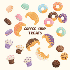 Vector dessert set for coffee shop: glazed croissants, donuts, cupcakes, macarons and cookies on light background. Great for packaging design, cafe menus, branding and marketing