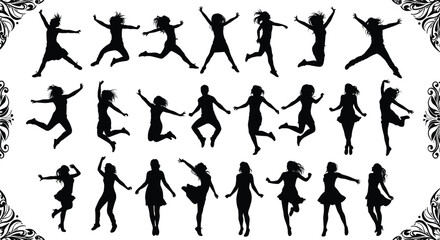 Jumping girl silhouette vector set, energetic female poses, black woman clipart, motion action art, dancing girl figure collection, illustration