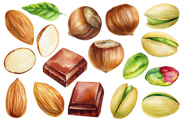 Watercolor Nuts and Chocolate Set with Almonds Hazelnuts Pistachios Green Leaf Candy Squares for Food Packaging and Dessert Design