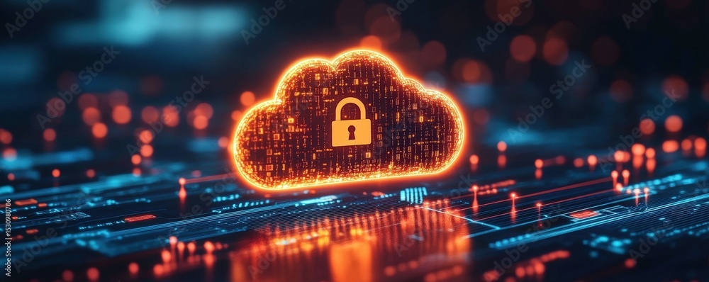 Poster a glowing cloud icon with a lock symbol represents secure cloud computing and data protection in a d