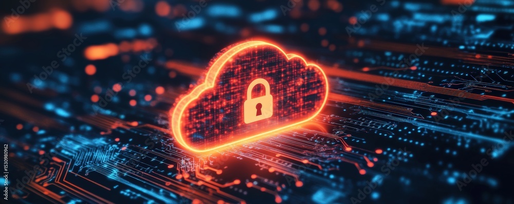 Poster a glowing cloud icon with a lock symbol represents secure cloud computing and data protection in a d
