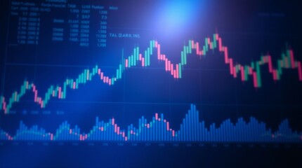 Financial data charts with glowing graphs on a dark background illuminated in blue tones