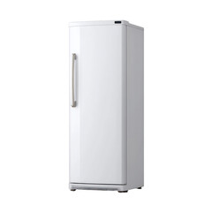 A white refrigerator with a silver handle standing against a black background in a studio setting