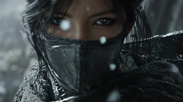 Mysterious female warrior standing in falling snow, dark masked figure embodying cinematic drama with powerful, elegant presence amid wintry atmosphere