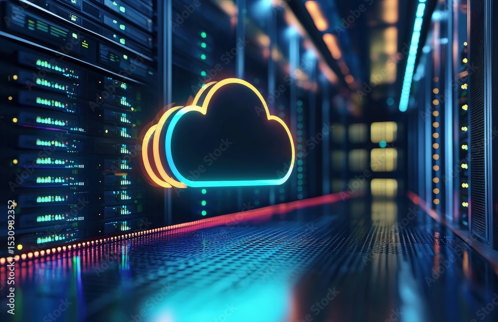 Poster Neon cloud icon with cyan and orange glow floating in a high-tech server hallway, representing advanced cloud infrastructure, digital networks, and data processing systems