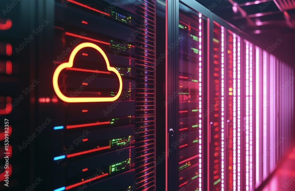 Leinwandbilder red neon cloud icon glowing against high-performance server racks in a vibrant pink-lit data center 