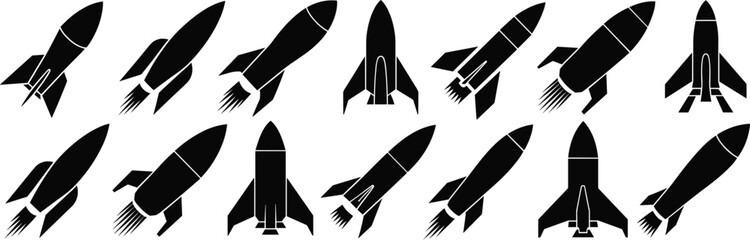 Silhouette rocket icons, vector space launch designs, spaceship collection, black rocket illustrations for science, technology, startup, innovation, and exploration