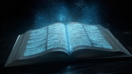Fototapeta premium An open book lies on a wooden table in sunlight, with magical, digital streams of light and data emerging from its pages.