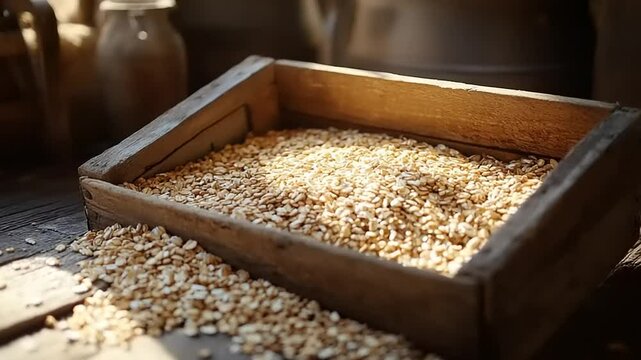 Wooden box filled with grains on a rustic table, surrounded by vintage kitchenware