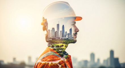 Double exposure image of a construction worker, city skyline, and park within his silhouette, symbolizing urban planning, sustainable development, and architectural vision