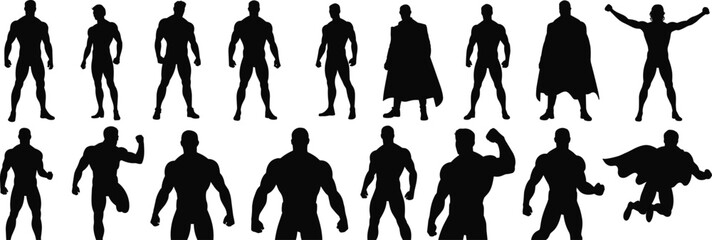 Superhero male silhouette vector set, muscular strong man poses, cape costume action, comic style hero design, shadow icons bundle © Legend Monir