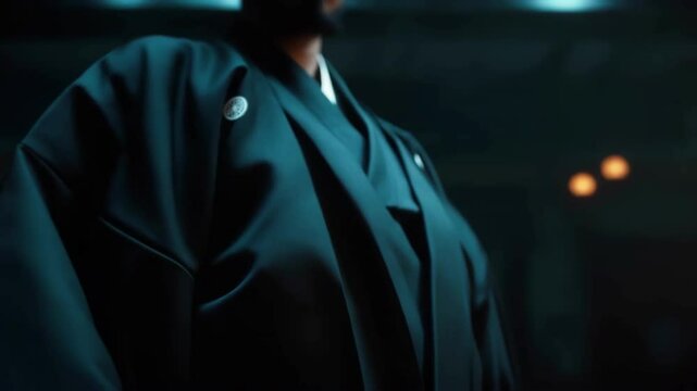 Skilled samurai warrior standing in shadowy interior, unsheathing traditional katana with intense concentration, embodying martial discipline and cultural heritage