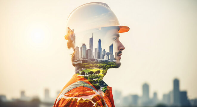 Double exposure image of a construction worker, city skyline, and park within his silhouette, symbolizing urban planning, sustainable development, and architectural vision