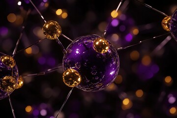 Purple and gold spheres connected by lines in a dark background.