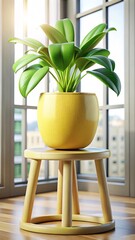 3d render Indoor Green Plant in Yellow Pot on Wooden Stool Modern Home Décor for Natural Interior Styling and Minimalist Living Spaces