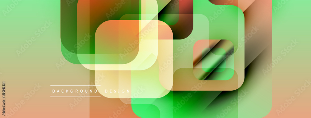 Poster abstract geometric shapes overlap, creating vibrant color gradients. soft green, orange hues dominat