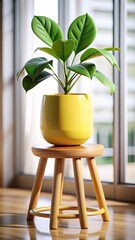 3d render Indoor Green Plant in Yellow Pot on Wooden Stool Modern Home Décor for Natural Interior Styling and Minimalist Living Spaces
